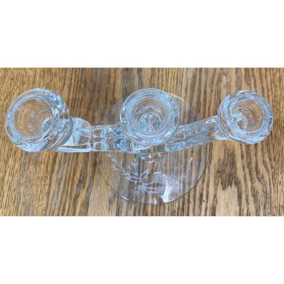 Vintage Glass 3 Arm Candle Holder Etched Floral Design - Picture 7 of 10
